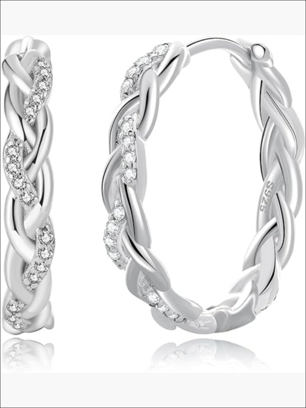 Sterling Silver Hoop Earrings with Cubic Zirconia, Hypoallergenic Twisted Design
